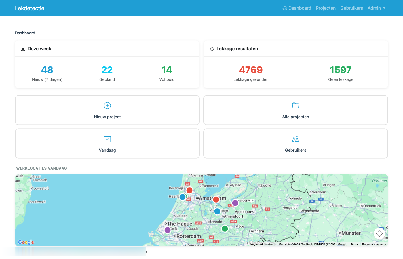 LekDetectie Software Dashboard — overzicht met planning, kaart en statistieken