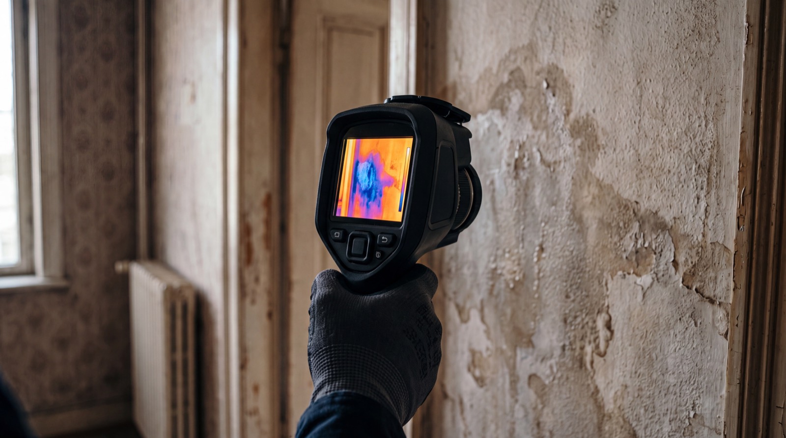 Warmtebeeldcamera maakt vocht achter de muur zichtbaar tijdens een lekdetectie