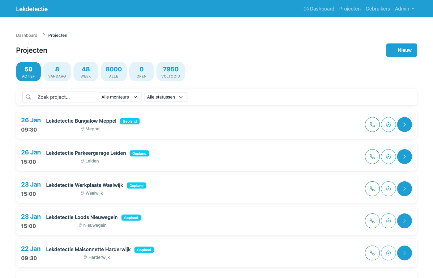 Projectenoverzicht met filters en statistieken